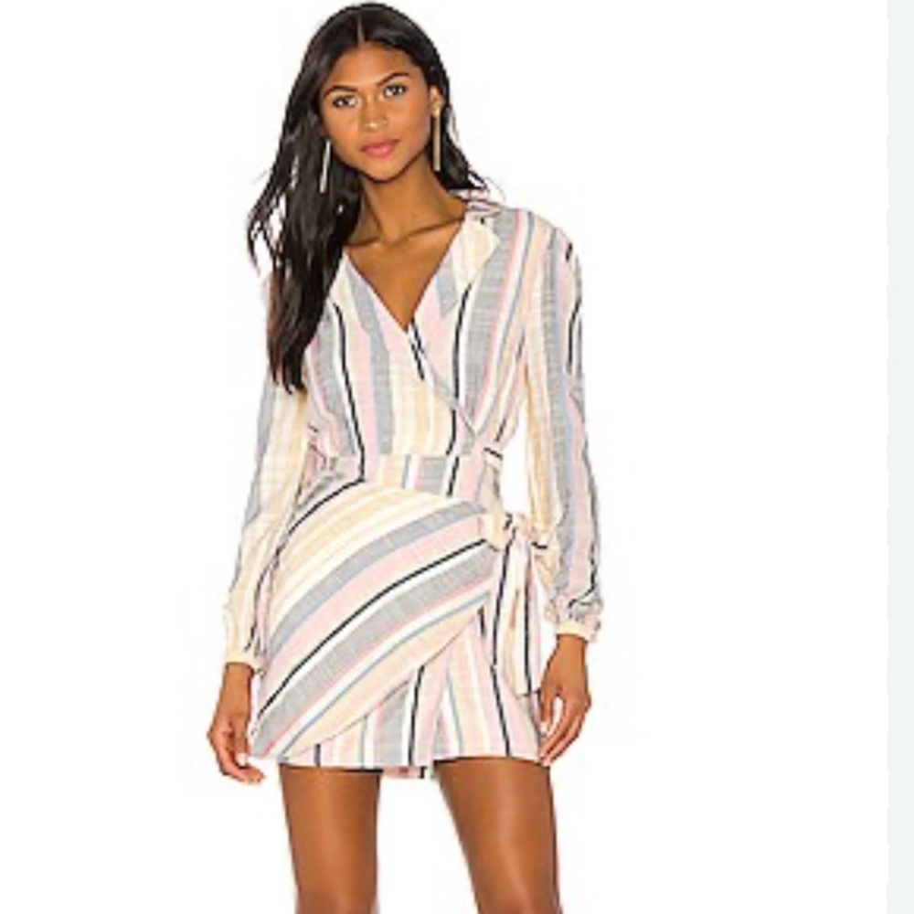MAJORELLE Pink and Cream Linen Wrap Shirt Dress with deep V-Neck